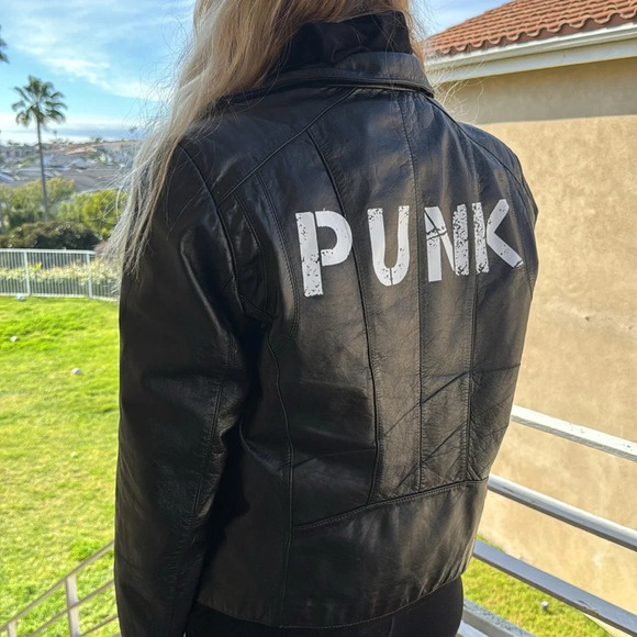 Custom upcycled Vintage black genuine leather motorcycle jacket w/ PUNK on back - Picture 10 of 10